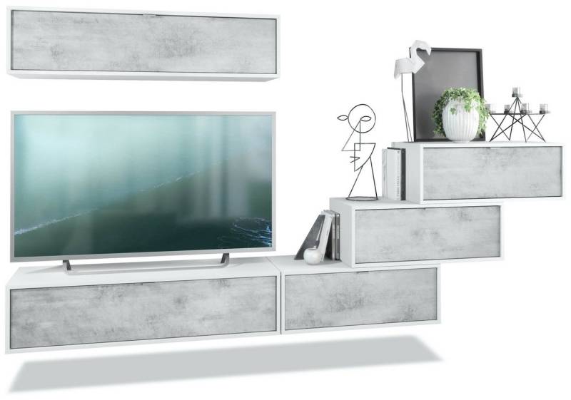Vladon Wohnwand Lana V1, (Anbauwand, bestehend aus 5 Hängeelementen mit 12 Fächern), Weiß matt/Beton Oxid Optik (275 x 180 x 37 cm) von Vladon