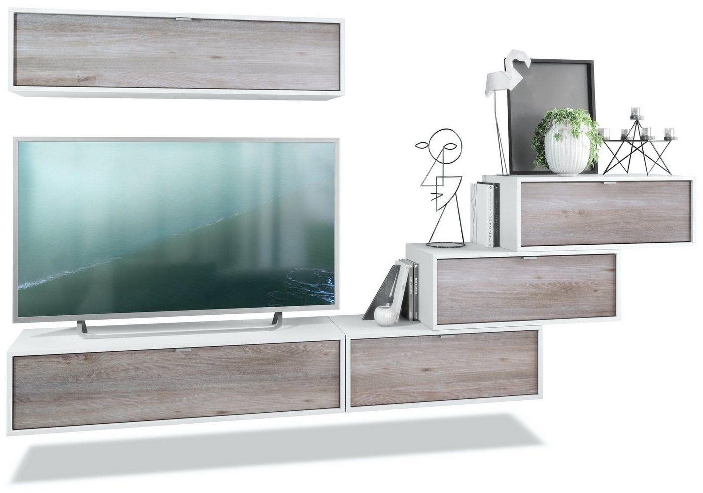Vladon Wohnwand Lana V1, (Anbauwand, bestehend aus 5 Hängeelementen mit 12 Fächern), Weiß matt/Eiche Nordic (275 x 180 x 37 cm) von Vladon