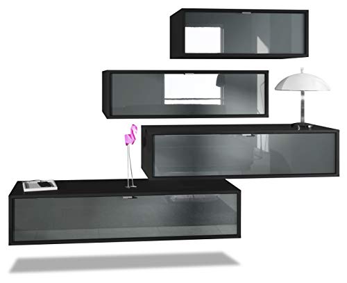 Vladon Wohnwand Lana V3 Anbauwand aus 4 Hängeelementen mit 10 Fächern, Made in Germany, Korpus in Schwarz matt, Fronten in Grau Hochglanz | Große Farbauswahl Vladon Wohnwand Lana V3 Anbauwand aus 4 Hängeelementen mit 10 Fächern, Made in Germany, Korpus in Schwarz matt, Fronten in Grau Hochglanz | Große Farbauswahl von Vladon
