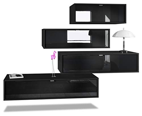 Vladon Wohnwand Lana V3 Anbauwand aus 4 Hängeelementen mit 10 Fächern, Made in Germany, Korpus in Schwarz matt, Fronten in Schwarz Hochglanz | Große Farbauswahl Vladon Wohnwand Lana V3 Anbauwand aus 4 Hängeelementen mit 10 Fächern, Made in Germany, Korpus in Schwarz matt, Fronten in Schwarz Hochglanz | Große Farbauswahl von Vladon