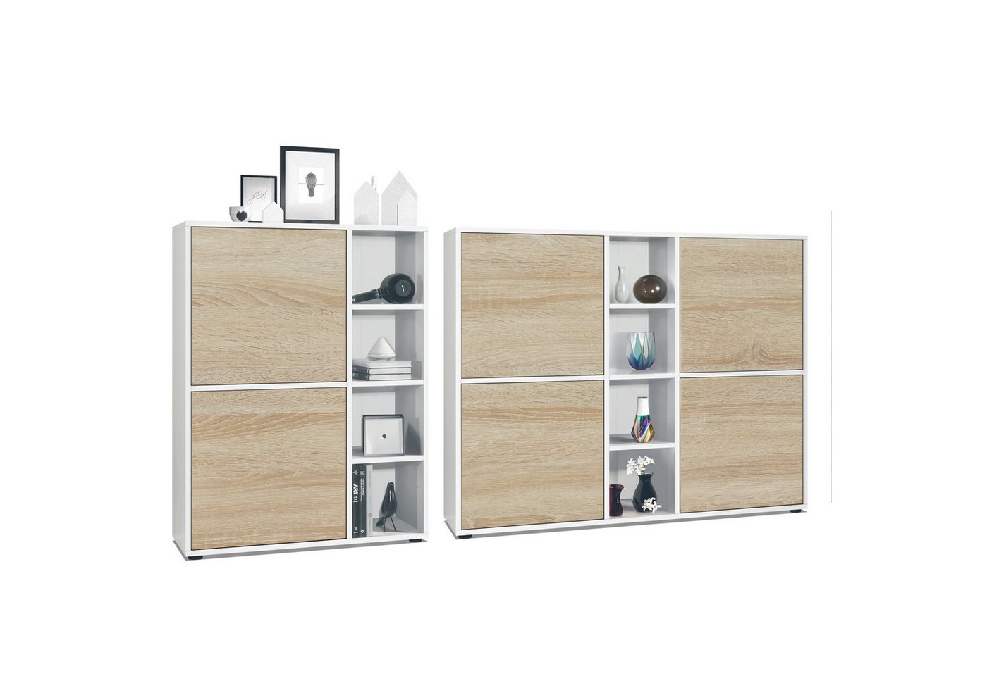 Vladon Wohnwand Miami, (Wohnraum Set, bestehend aus 2 Highboards), Weiß matt / Eiche sägerau von Vladon