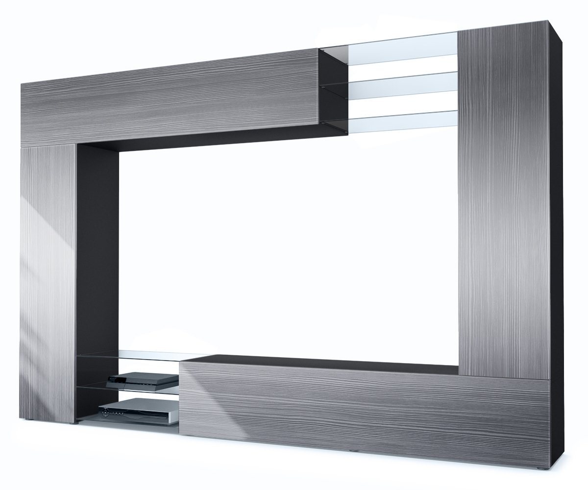 Vladon Wohnwand Mirage, (Anbauwand mit Rückwand mit 2 Türen, 4-St., 2 Klappen und 6 offenen Glasablagen), Schwarz matt/Avola-Anthrazit (262 x 183 x 39 cm) von Vladon