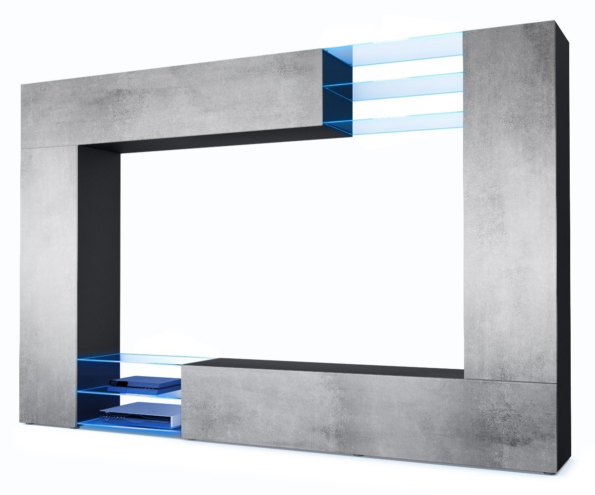 Vladon Wohnwand Mirage, (Anbauwand mit Rückwand mit 2 Türen, 4-St., 2 Klappen und 6 offenen Glasablagen), Schwarz matt/Beton Oxid-Optik, inkl. LED-Beleuchtung (262x183x39 cm) von Vladon