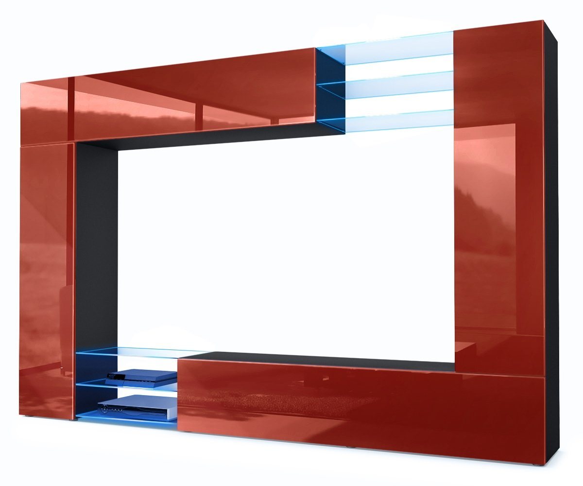 Vladon Wohnwand Mirage, (Anbauwand mit Rückwand mit 2 Türen, 4-St., 2 Klappen und 6 offenen Glasablagen), Schwarz matt/Bordeaux Hochglanz, inkl. LED-Beleuchtung (262x183x39 cm) von Vladon