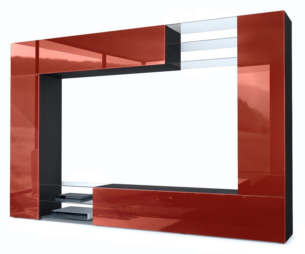 Vladon Wohnwand Mirage, (Anbauwand mit Rückwand mit 2 Türen, 4-St., 2 Klappen und 6 offenen Glasablagen), Schwarz matt/Bordeaux Hochglanz (262 x 183 x 39 cm) von Vladon
