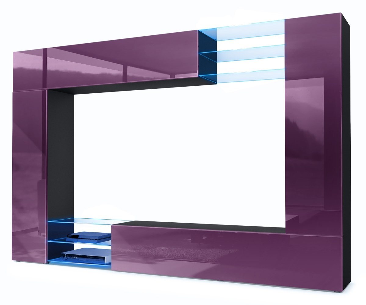 Vladon Wohnwand Mirage, (Anbauwand mit Rückwand mit 2 Türen, 4-St., 2 Klappen und 6 offenen Glasablagen), Schwarz matt/Brombeer Hochglanz, inkl. LED-Beleuchtung (262x183x39 cm) von Vladon