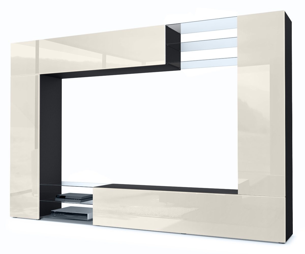 Vladon Wohnwand Mirage, (Anbauwand mit Rückwand mit 2 Türen, 4-St., 2 Klappen und 6 offenen Glasablagen), Schwarz matt/Creme Hochglanz (262 x 183 x 39 cm) von Vladon