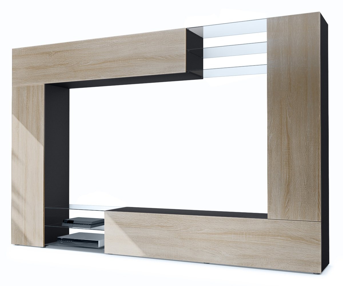 Vladon Wohnwand Mirage, (Anbauwand mit Rückwand mit 2 Türen, 4-St., 2 Klappen und 6 offenen Glasablagen), Schwarz matt/Eiche Sägegrau (262 x 183 x 39 cm) von Vladon