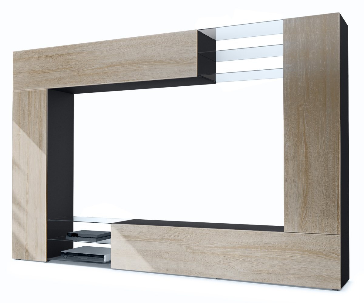 Vladon Wohnwand Mirage, (Anbauwand mit Rückwand mit 2 Türen, 2 Klappen und 6 offenen Glasablagen), Schwarz matt/Eiche Sägegrau (262 x 183 x 39 cm) von Vladon