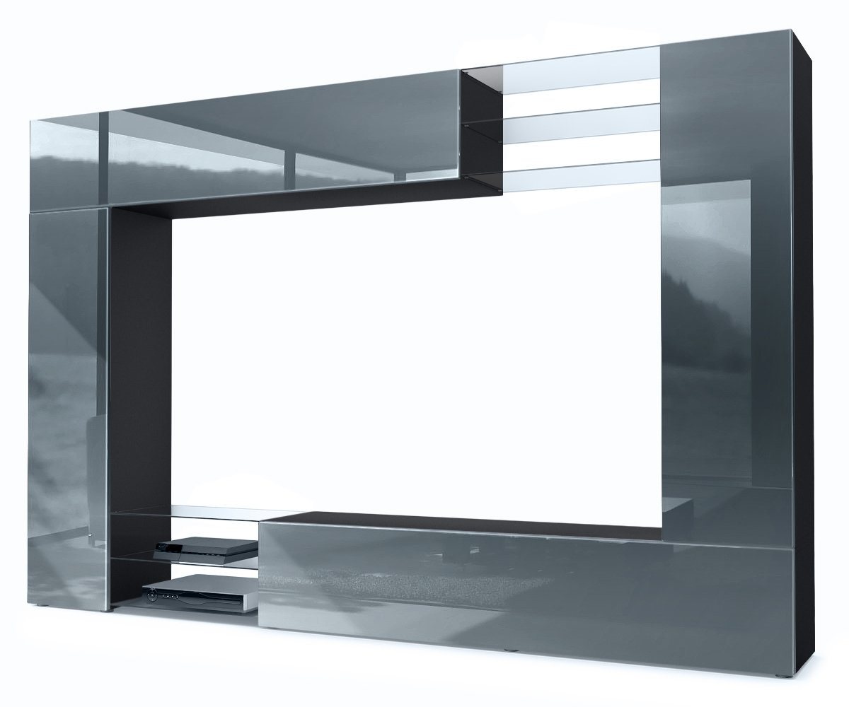 Vladon Wohnwand Mirage, (Anbauwand mit Rückwand mit 2 Türen, 4-St., 2 Klappen und 6 offenen Glasablagen), Schwarz matt/Grau Hochglanz (262 x 183 x 39 cm) von Vladon