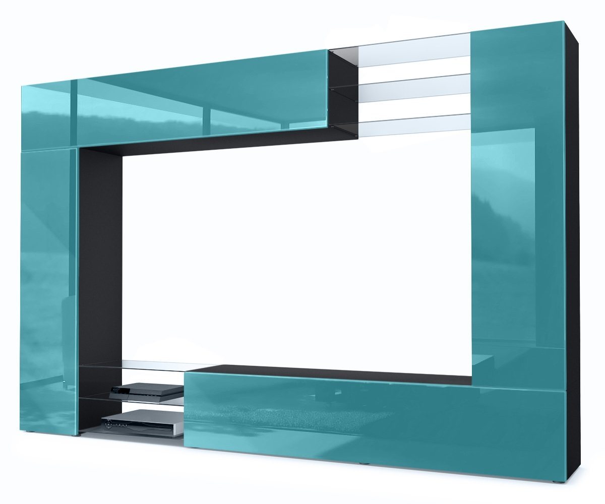 Vladon Wohnwand Mirage, (Anbauwand mit Rückwand mit 2 Türen, 4-St., 2 Klappen und 6 offenen Glasablagen), Schwarz matt/Petrol Hochglanz (262 x 183 x 39 cm) von Vladon