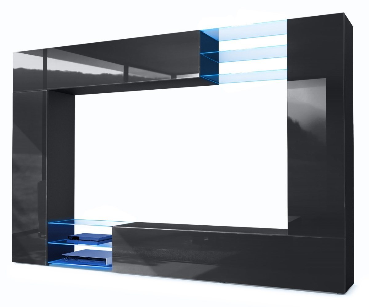 Vladon Wohnwand Mirage, (Anbauwand mit Rückwand mit 2 Türen, 4-St., 2 Klappen und 6 offenen Glasablagen), Schwarz matt/Schwarz Hochglanz, inkl. LED-Beleuchtung (262x183x39 cm) von Vladon