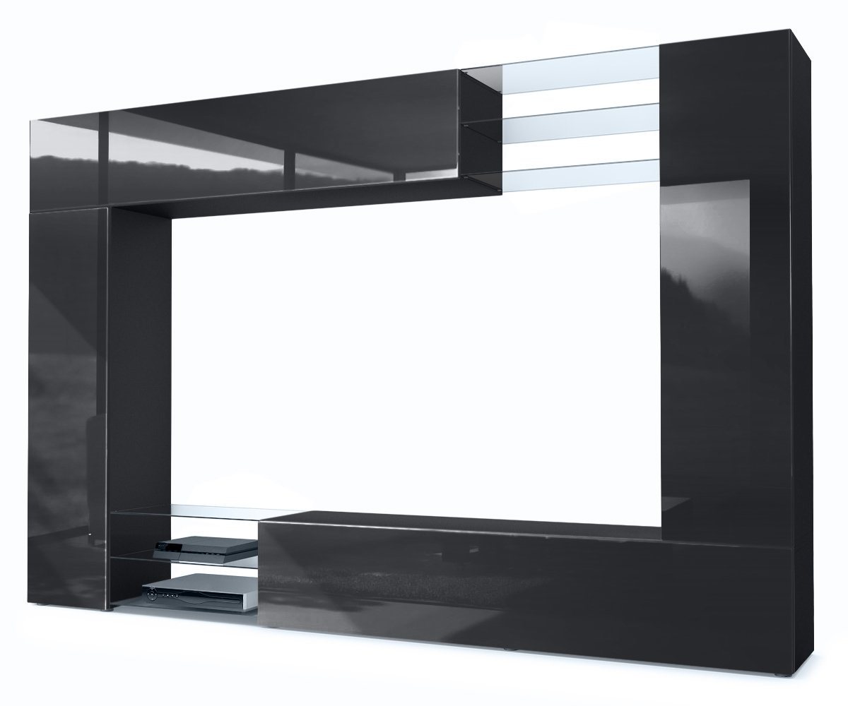 Vladon Wohnwand Mirage, (Anbauwand mit Rückwand mit 2 Türen, 4-St., 2 Klappen und 6 offenen Glasablagen), Schwarz matt/Schwarz Hochglanz (262 x 183 x 39 cm) von Vladon