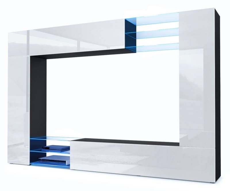 Vladon Wohnwand Mirage, (Anbauwand mit Rückwand mit 2 Türen, 2 Klappen und 6 offenen Glasablagen), Schwarz matt/Weiß Hochglanz, inkl. LED-Beleuchtung (262 x 183 x 39 cm) von Vladon