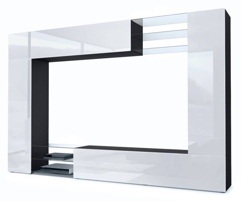 Vladon Wohnwand Mirage, (Anbauwand mit Rückwand mit 2 Türen, 2 Klappen und 6 offenen Glasablagen), Schwarz matt/Weiß Hochglanz (262 x 183 x 39 cm) von Vladon
