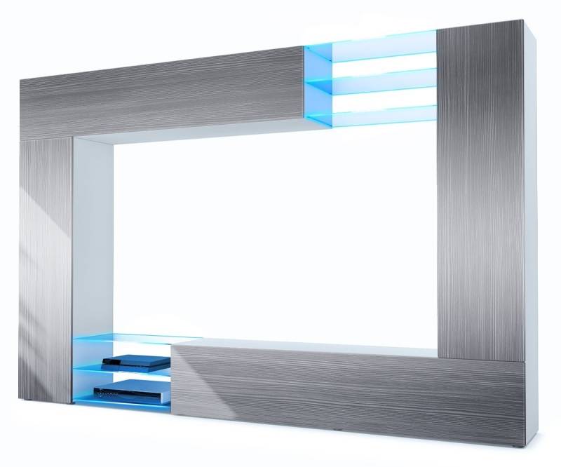 Vladon Wohnwand Mirage, (Anbauwand mit Rückwand mit 2 Türen, 4-St., 2 Klappen und 6 offenen Glasablagen), Weiß matt/Avola-Anthrazit, inkl. LED-Beleuchtung (262 x 183 x 39 cm) von Vladon