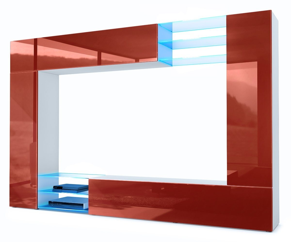 Vladon Wohnwand Mirage, (Anbauwand mit Rückwand mit 2 Türen, 4-St., 2 Klappen und 6 offenen Glasablagen), Weiß matt/Bordeaux Hochglanz, inkl. LED-Beleuchtung (262x183x39 cm) von Vladon