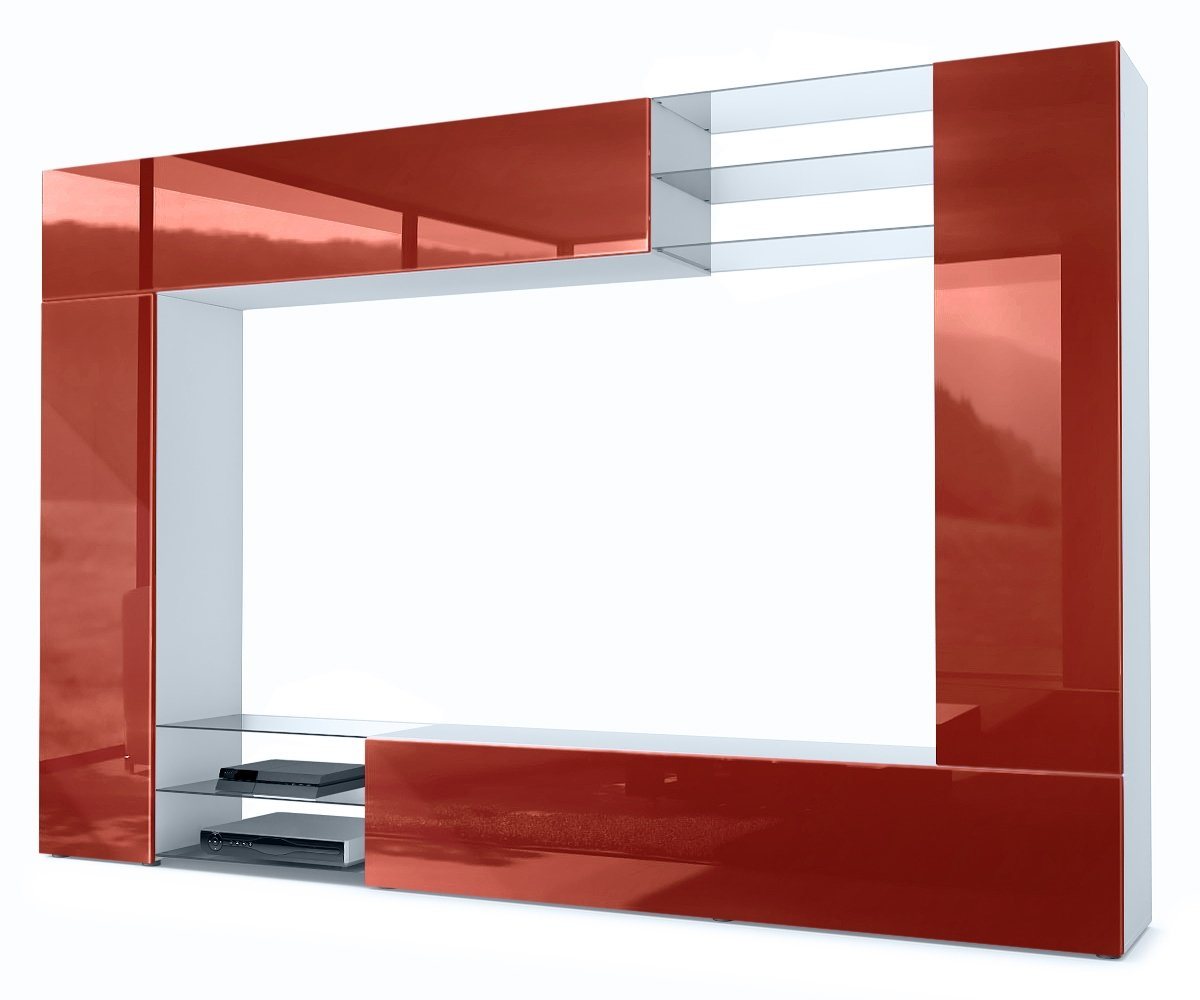 Vladon Wohnwand Mirage, (Anbauwand mit Rückwand mit 2 Türen, 4-St., 2 Klappen und 6 offenen Glasablagen), Weiß matt/Bordeaux Hochglanz (262 x 183 x 39 cm) von Vladon