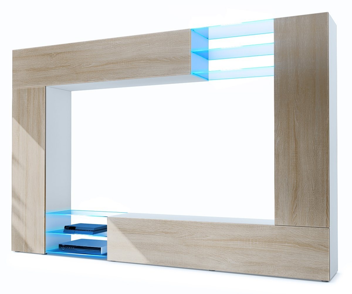 Vladon Wohnwand Mirage, (Anbauwand mit Rückwand mit 2 Türen, 4-St., 2 Klappen und 6 offenen Glasablagen), Weiß matt/Eiche sägerau, inkl. LED-Beleuchtung (262 x 183 x 39 cm) von Vladon