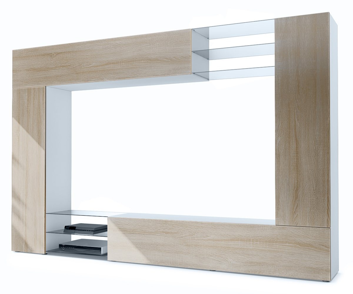 Vladon Wohnwand Mirage, (Anbauwand mit Rückwand mit 2 Türen, 4-St., 2 Klappen und 6 offenen Glasablagen), Weiß matt/Eiche sägerau (262 x 183 x 39 cm) von Vladon