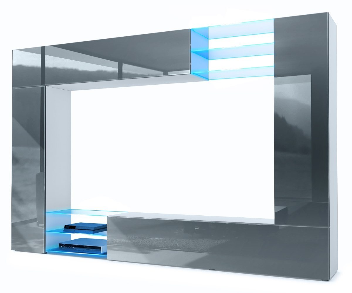 Vladon Wohnwand Mirage, (Anbauwand mit Rückwand mit 2 Türen, 4-St., 2 Klappen und 6 offenen Glasablagen), Weiß matt/Grau Hochglanz, inkl. LED-Beleuchtung (262 x 183 x 39 cm) von Vladon