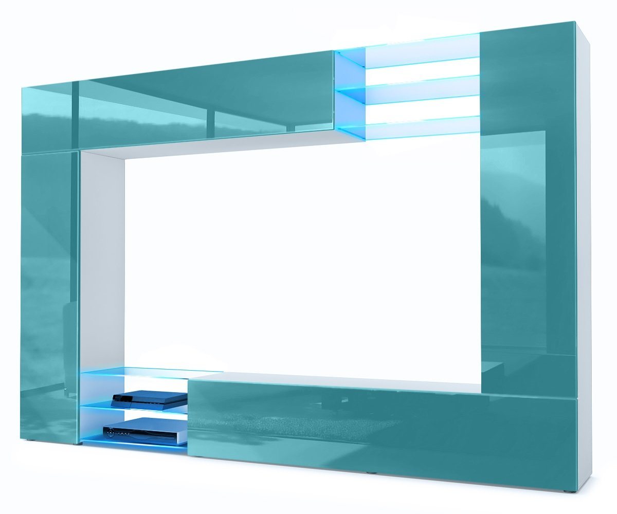 Vladon Wohnwand Mirage, (Anbauwand mit Rückwand mit 2 Türen, 4-St., 2 Klappen und 6 offenen Glasablagen), Weiß matt/Petrol Hochglanz, inkl. LED-Beleuchtung (262 x 183 x 39 cm) von Vladon