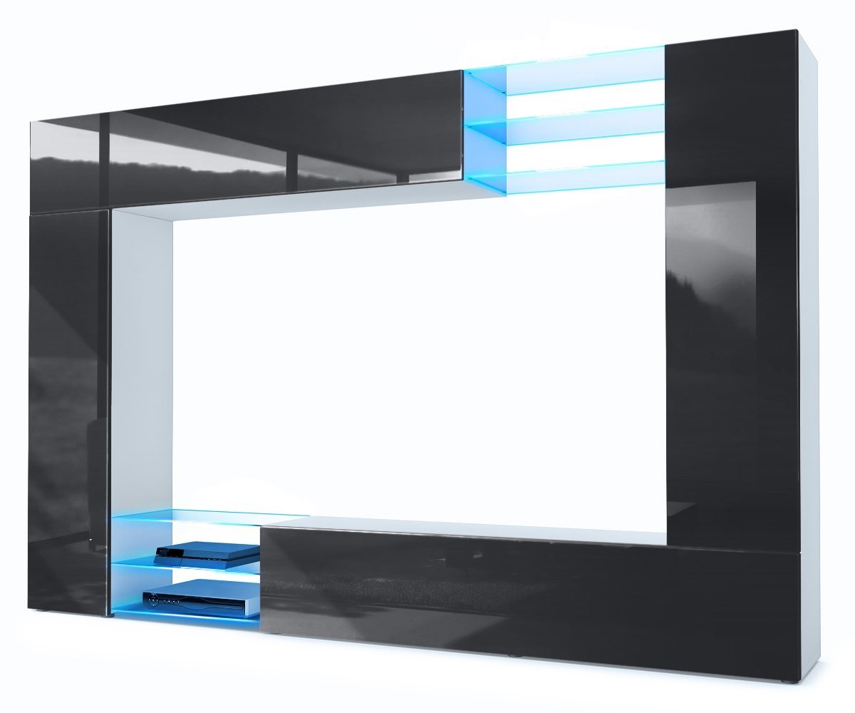 Vladon Wohnwand Mirage, (Anbauwand mit Rückwand mit 2 Türen, 4-St., 2 Klappen und 6 offenen Glasablagen), Weiß matt/Schwarz Hochglanz, inkl. LED-Beleuchtung(262 x 183 x 39 cm) von Vladon