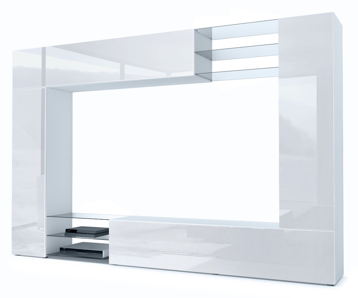 Vladon Wohnwand Mirage, (Anbauwand mit Rückwand mit 2 Türen, 4-St., 2 Klappen und 6 offenen Glasablagen), Weiß matt/Weiß Hochglanz (262 x 183 x 39 cm) von Vladon
