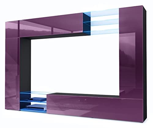 Vladon Wohnwand Mirage, Made in Germany, Anbauwand mit Rückwand mit 2 Türen, 2 Klappen und 6 offenen Glasablagen, Schwarz matt/Brombeer Hochglanz, inkl. LED-Beleuchtung (262 x 183 x 39 cm) von Vladon