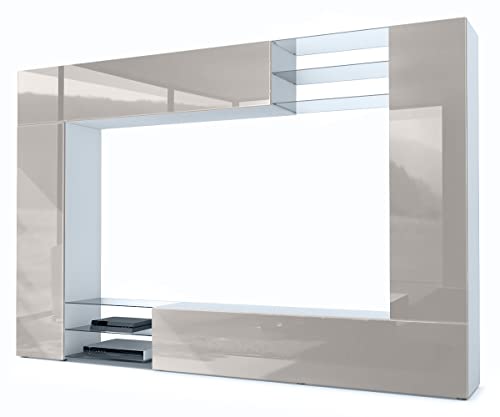 Vladon Wohnwand Mirage, Made in Germany, Anbauwand mit Rückwand mit 2 Türen, 2 Klappen und 6 offenen Glasablagen, Weiß matt/Sandgrau Hochglanz (262 x 183 x 39 cm) von Vladon