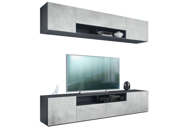 Vladon Wohnwand Mogan, (Anbauwand bestehend aus 2 TV-Boards, mit jeweils 2 Türen, 1 Klappe und 1 offenes Fach), Anthrazit matt/Beton Oxid Optik 2x (181 x 39 x 35 cm) von Vladon