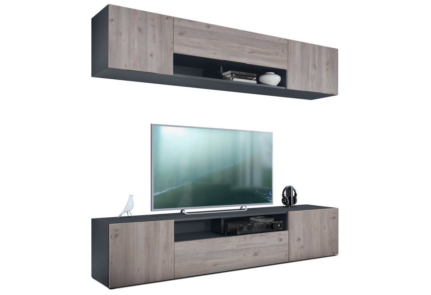 Vladon Wohnwand Mogan, (Anbauwand bestehend aus 2 TV-Boards, mit jeweils 2 Türen, 1 Klappe und 1 offenes Fach), Anthrazit matt/Eiche Nordic 2x (181 x 39 x 35 cm) von Vladon