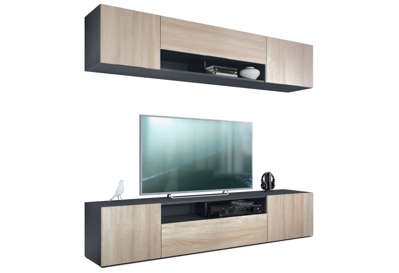 Vladon Wohnwand Mogan, (Anbauwand bestehend aus 2 TV-Boards, mit jeweils 2 Türen, 1 Klappe und 1 offenes Fach), Anthrazit matt/Eiche Sägerau 2x (181 x 39 x 35 cm) von Vladon