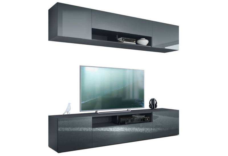 Vladon Wohnwand Mogan, (Anbauwand bestehend aus 2 TV-Boards, mit jeweils 2 Türen, 1 Klappe und 1 offenes Fach), Anthrazit matt/Grau Hochglanz 2x (181 x 39 x 35 cm) von Vladon