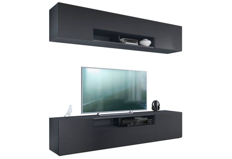 Vladon Wohnwand Mogan, (Anbauwand bestehend aus 2 TV-Boards, mit jeweils 2 Türen, 1 Klappe und 1 offenes Fach), Anthrazit matt/Schwarz matt 2x (181 x 39 x 35 cm) von Vladon