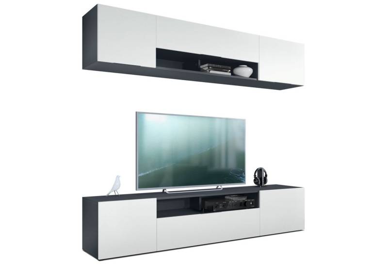 Vladon Wohnwand Mogan, (Anbauwand bestehend aus 2 TV-Boards, mit jeweils 2 Türen, 1 Klappe und 1 offenes Fach), Anthrazit matt/Weiß matt 2x (181 x 39 x 35 cm) von Vladon
