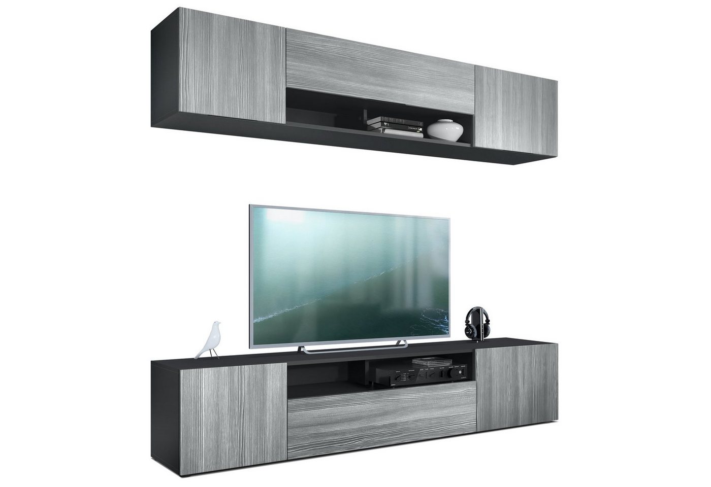 Vladon Wohnwand Mogan, (Anbauwand bestehend aus 2 TV-Boards, mit jeweils 2 Türen, 1 Klappe und 1 offenes Fach), Schwarz matt/Avola-Anthrazit 2x (181 x 39 x 35 cm) von Vladon