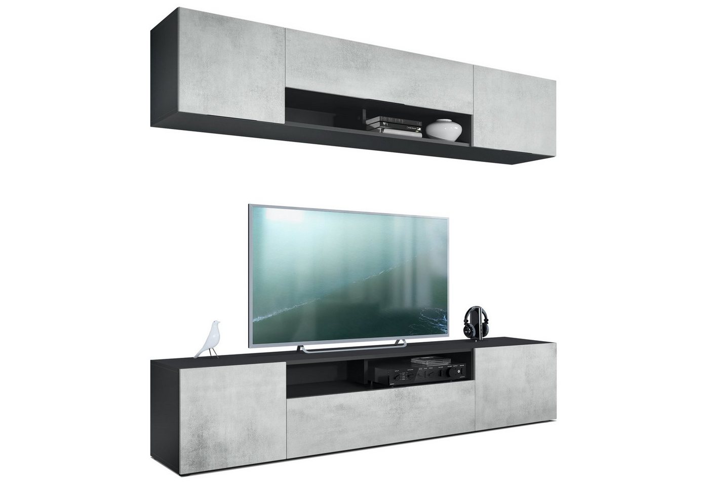 Vladon Wohnwand Mogan, (Anbauwand bestehend aus 2 TV-Boards, 2-St., mit jeweils 2 Türen, 1 Klappe und 1 offenes Fach), Schwarz matt/Beton Oxid Optik 2x (181 x 39 x 35 cm) von Vladon