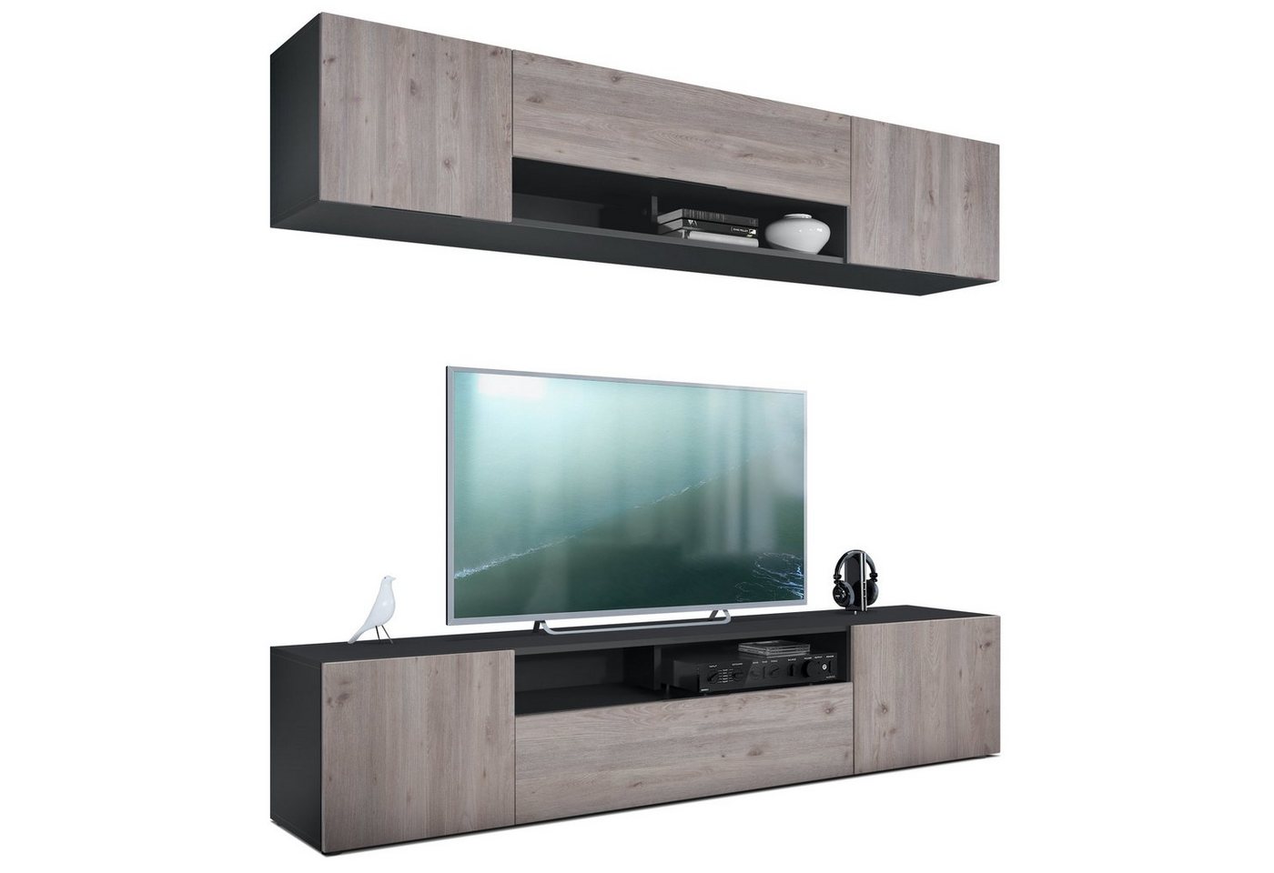 Vladon Wohnwand Mogan, (Anbauwand bestehend aus 2 TV-Boards, 2-St., mit jeweils 2 Türen, 1 Klappe und 1 offenes Fach), Schwarz matt/Eiche Nordic 2x (181 x 39 x 35 cm) von Vladon