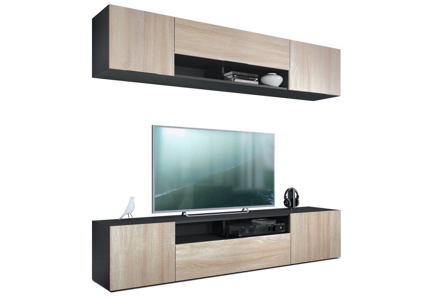 Vladon Wohnwand Mogan, (Anbauwand bestehend aus 2 TV-Boards, mit jeweils 2 Türen, 1 Klappe und 1 offenes Fach), Schwarz matt/Eiche sägerau 2x (181 x 39 x 35 cm) von Vladon