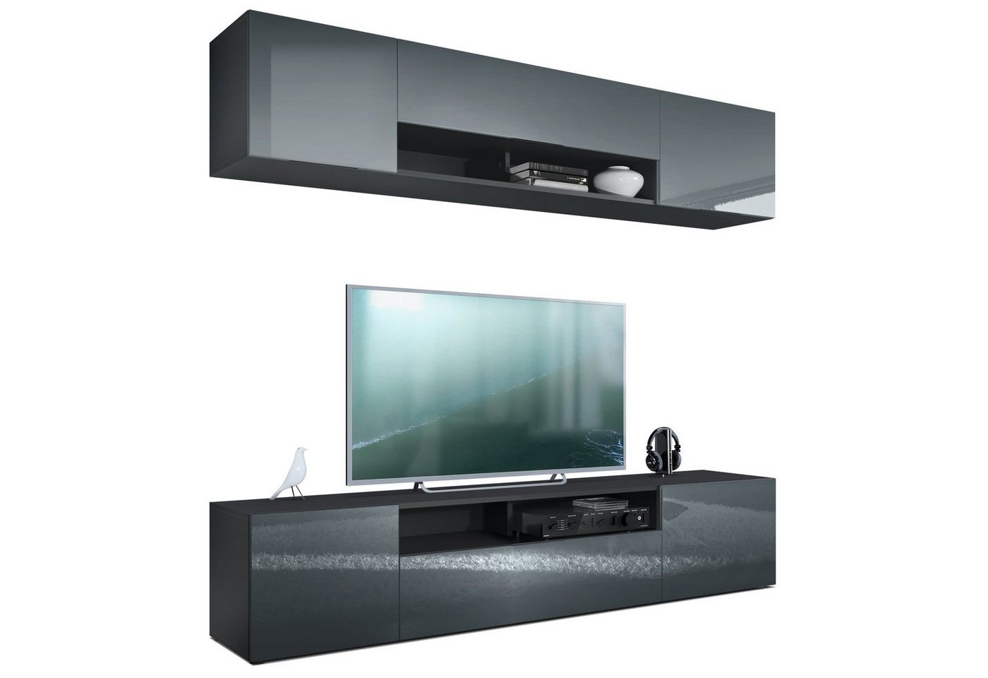 Vladon Wohnwand Mogan, (Anbauwand bestehend aus 2 TV-Boards, mit jeweils 2 Türen, 1 Klappe und 1 offenes Fach), Schwarz matt/Grau Hochglanz 2x (181 x 39 x 35 cm) von Vladon