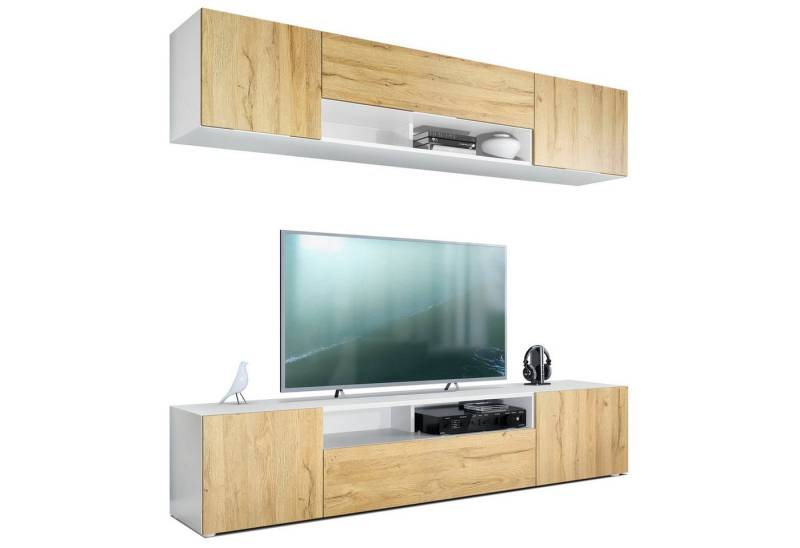 Vladon Wohnwand Mogan, (Anbauwand bestehend aus 2 TV-Boards, mit jeweils 2 Türen, 1 Klappe und 1 offenes Fach), Weiß matt/Eiche Natur 2x (181 x 39 x 35 cm) von Vladon
