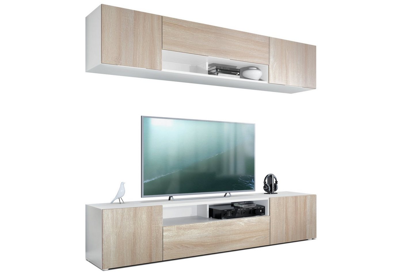 Vladon Wohnwand Mogan, (Anbauwand bestehend aus 2 TV-Boards, mit jeweils 2 Türen, 1 Klappe und 1 offenes Fach), Weiß matt/Eiche sägerau 2x (181 x 39 x 35 cm) von Vladon