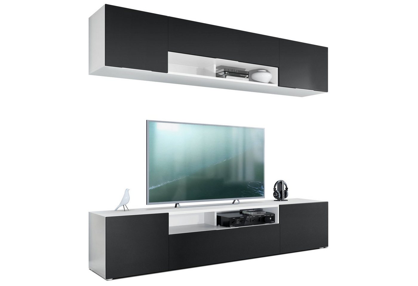 Vladon Wohnwand Mogan, (Anbauwand bestehend aus 2 TV-Boards, mit jeweils 2 Türen, 1 Klappe und 1 offenes Fach), Weiß matt/Schwarz matt 2x (181 x 39 x 35 cm) von Vladon