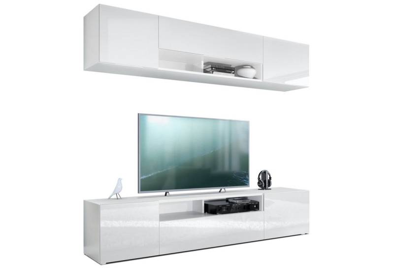 Vladon Wohnwand Mogan, (Anbauwand bestehend aus 2 TV-Boards, mit jeweils 2 Türen, 1 Klappe und 1 offenes Fach), Weiß matt/Weiß Hochglanz 2x (181 x 39 x 35 cm) von Vladon