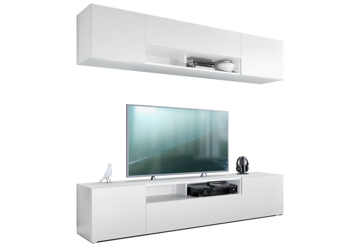 Vladon Wohnwand Mogan, (Anbauwand bestehend aus 2 TV-Boards, mit jeweils 2 Türen, 1 Klappe und 1 offenes Fach), Weiß matt 2x (181 x 39 x 35 cm) von Vladon