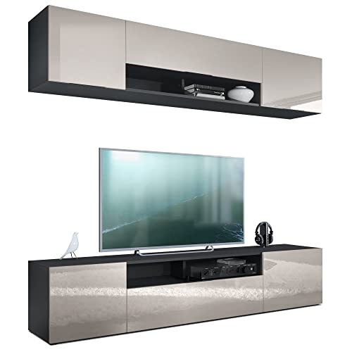 Vladon Wohnwand Mogan, Schwarz matt/Sandgrau Hochglanz - Moderne Anbauwand bestehend aus 2 TV-Boards (181 x 147 x 35 cm) von Vladon
