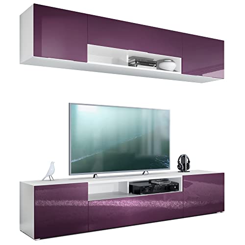 Vladon Wohnwand Mogan, Weiß matt/Brombeer Hochglanz - Moderne Anbauwand bestehend aus 2 TV-Boards (181 x 147 x 35 cm) von Vladon