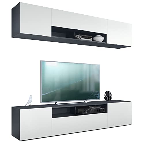 Vladon Wohnwand Mogan mit Zwei 181 x 39 x 35 cm Elementen, hängende Wohnzimmer Anbauwand mit 12 Fächern, Korpus in Anthrazit matt, Fronten in Weiß matt von Vladon