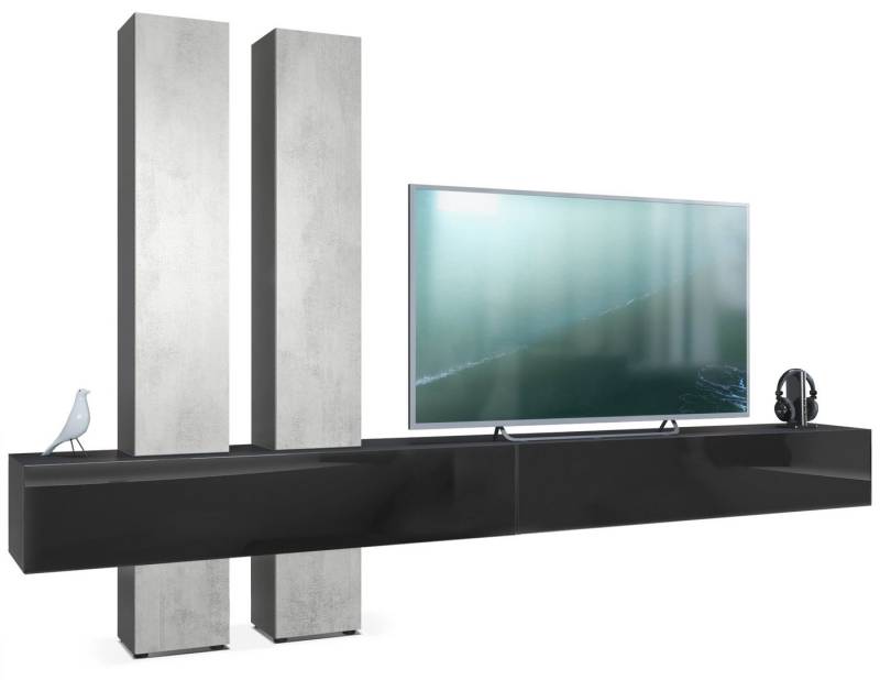 Vladon Wohnwand Moja, (Anbauwand, mit Rückwand mit 4 Türen und 2 Klappen), Schwarz matt/Schwarz Hochglanz und Beton Oxid Optik (330x204x39 cm) von Vladon